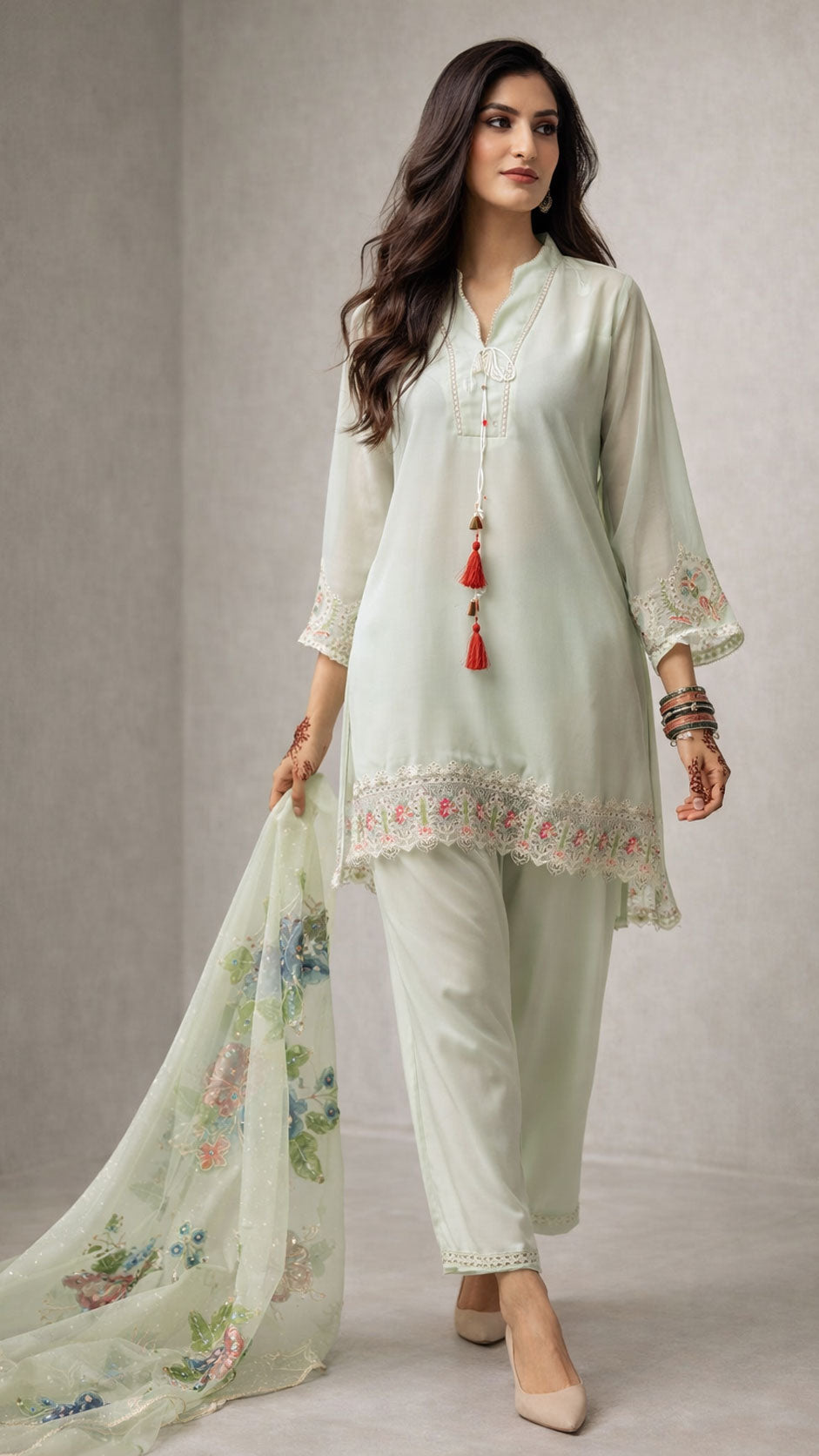 Mint Green Embroidered Chiffon Suit